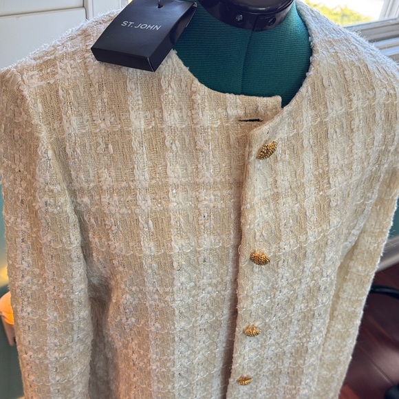 St. John Cream Plaid Coat with Gold Buttons